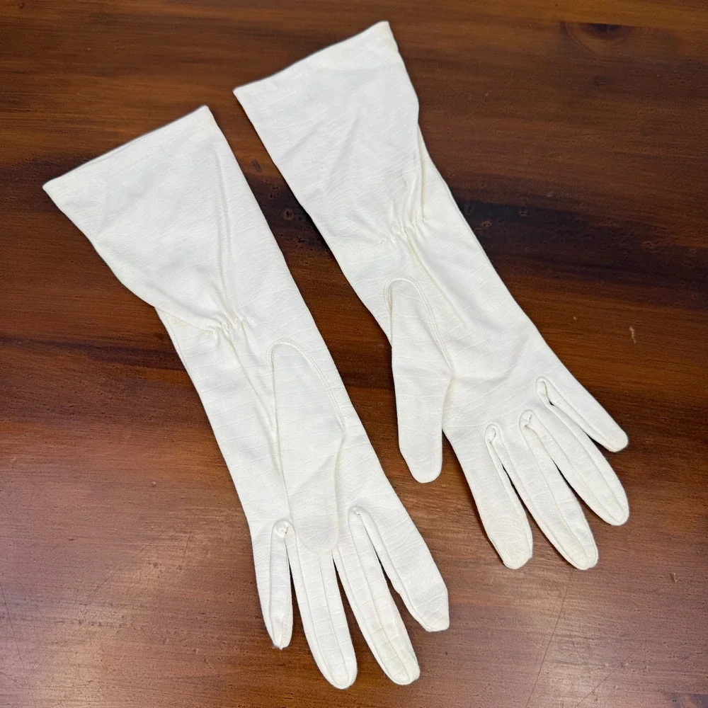 Vintage Cream Textured Opera Length Formal Evening Bridal Gloves Mid Century